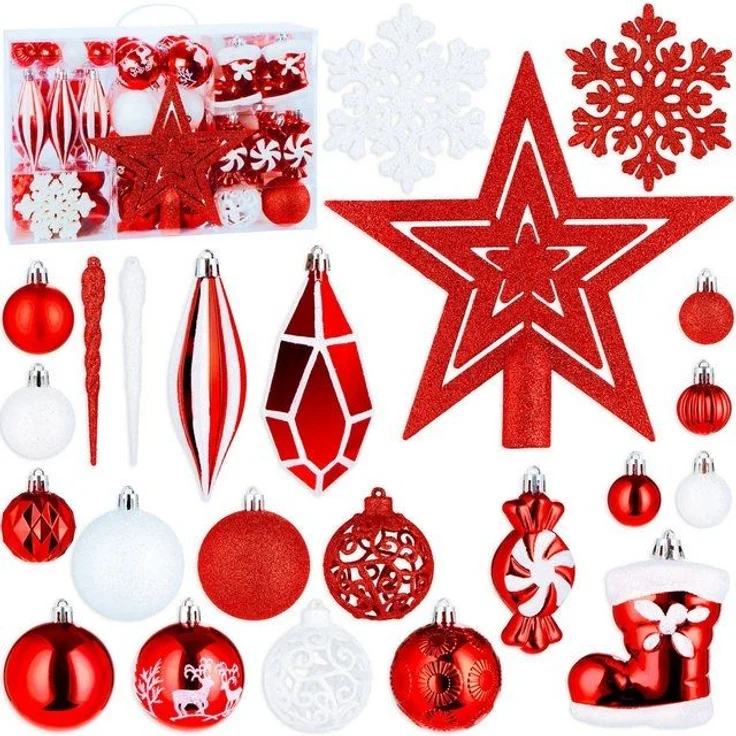 BRUBAKER Weihnachtsbaumkugel XXL Weihnachtskugel Set - Premium Christbaumschmuck (128 St), Baumschmuck mit Glitzer Kugeln, Figur Anhängern und Baumspitze Stern – Bild 4