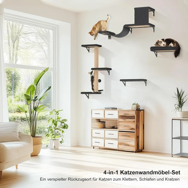 FUKUMARU Kletterwand Katzen Set, 10-teilig Katzen Kletterwand Set, aus robuster Multiplexplatte，Hängematte Katze mit Katzenhaus, Katzenbrücke, Katzenbaum, Katzentreppe bis zu 18 kg, Grau – Bild 2