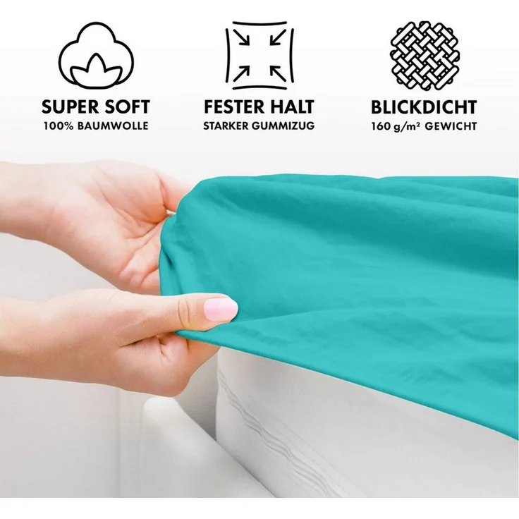 Jacobson Jersey Spannbettlaken Spannbetttuch Baumwolle Bettlaken (140x200-160x220 cm, Türkis) – Bild 3