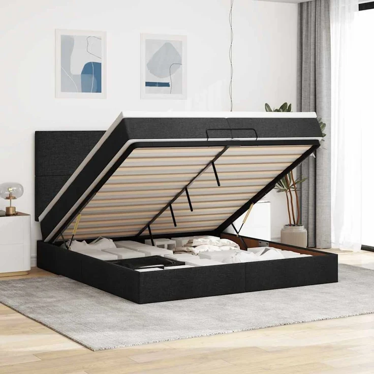 vidaXL Ottoman-Bett mit Matratzen & LEDs Schwarz 200x200 cm Stoff 3313950 – Bild 1