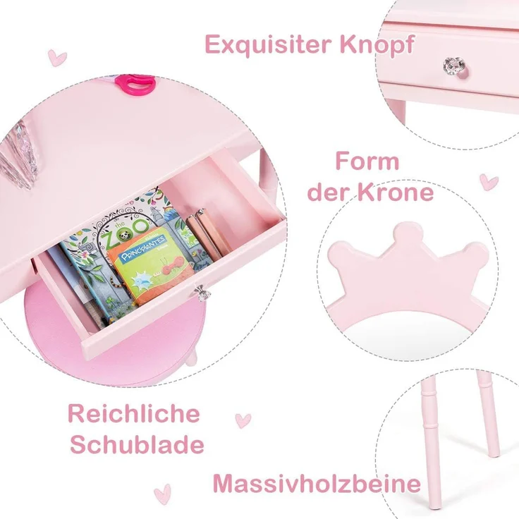 COSTWAY Kinder Schminktisch mit Hocker und abnehmbarem Spiegel, Holz pink, 34 x 70 x 100 cm – Bild 5
