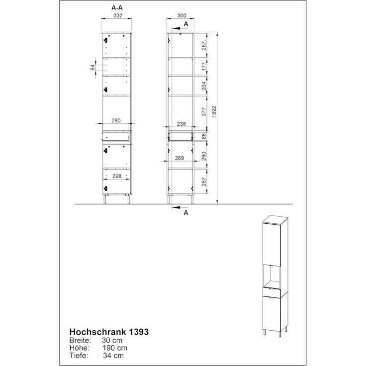 Germania Hochschrank GW-Arcena 1393-572, in Kaschmir, gedämpfte Türen und Schublade, 30 x 190 x 34 cm (BxHxT) – Bild 3