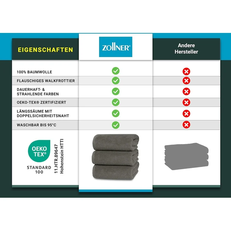 ZOLLNER Duschtücher 3er Set, taupe, 70x140 cm, 100% Baumwolle – Bild 6