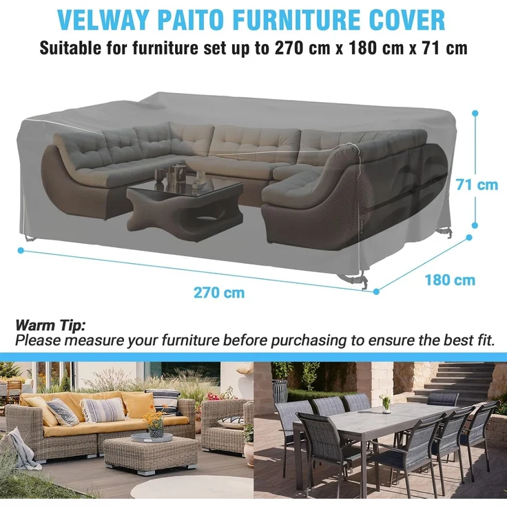 Velway Gartenmöbel Abdeckung Wasserdicht 270 x 180 x 71 cm - Winddicht Schutzhülle mit Reflektierender Streifen 600D Oxford Möbelsets Abdeckung Staubfest Abdeckhauben für Gartentisch Sitzgruppe Schwarz – Bild 2