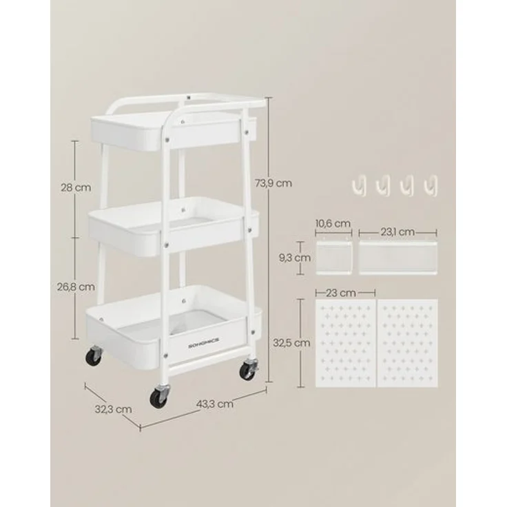 SONGMICS Rollwagen, Küchenwagen, 3 Metallgitterablagen, Servierwagen, 2 abnehmbare Lochplatten, 2 Hängekörbe, 4 Haken, für Büro, Küche, Wohnzimmer, Badezimmer – Bild 3