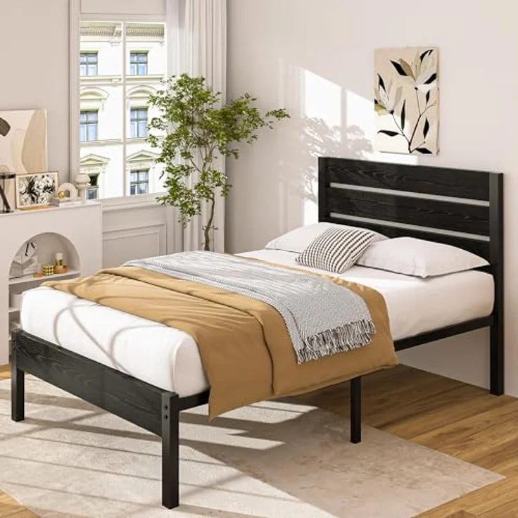 VECELO Bettgestell 90x200 cm, Einzelbett mit Dick Holzkopfteil und Metall Lattenrost, Stabil und Geräuschlos mit 31cm Stauraum, Industrial Design für Schlafzimmer, Schwarz – Bild 7