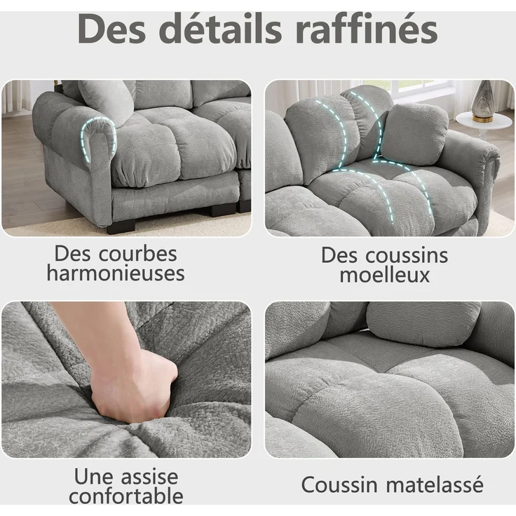 U-förmiges 2-Sitzer-Sofa mit beweglichen Hockerelementen, gesteppter Chenillebezug und dicke Polster, Wohnlandschaft für Wohnzimmer, Hellgrau – Bild 3