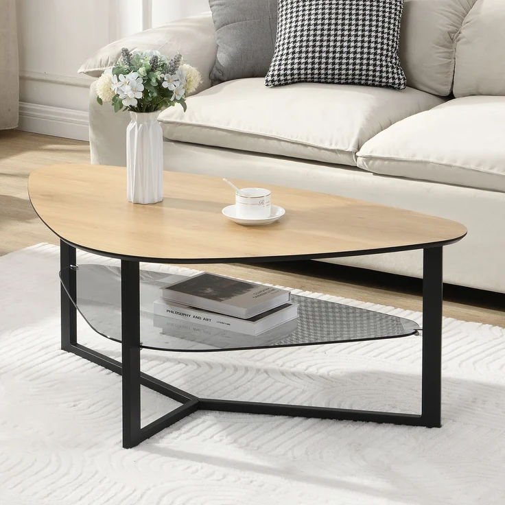 FINEBUY Couchtisch FB111830 Wohnzimmertisch Nierenförmig Eiche Optik Glas Ablage 110 cm (Sofatisch Nierenform 110 cm Eiche Optik Retro), Wohnzimmertisch mit Glasablage, Metallgestell – Bild 1