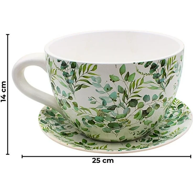 Dekohelden24 Blumentopf, Pflanztasse, Pflanzkübel, Pflanzgefäß, Blumenkübel, Pflanztopf. Übertopf als Tasse mit Griff aus Keramik, Motiv: Ranke, L/B/H 25 x 23 x 14 cm. – Bild 4