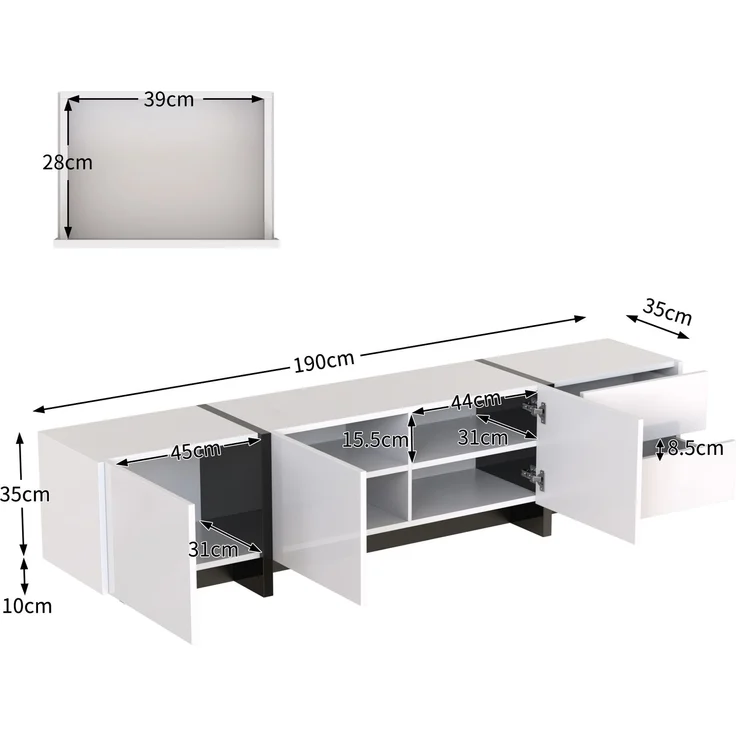 TV-Schrank Schwarz Weiß Hochglanz 190 x 45 x 35 cm mit 3 Türen & 2 Schubladen – Bild 10