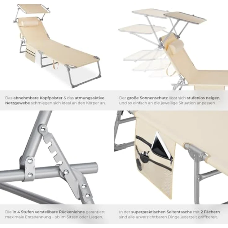 tectake® 2er Set Sonnenliege klappbar und tragbar, Liege mit Seitentasche, Strandliege, Gartenliege mit Dach, Liegestuhl mit Verstellbarer Rückenlehne, Kopfkissen - für Balkon, Terrasse (beige) – Bild 7