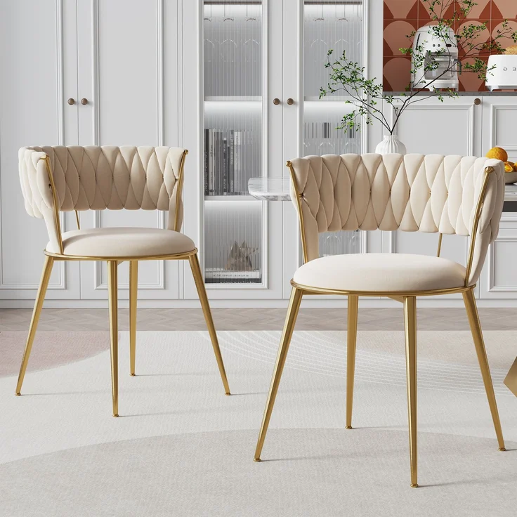 Esszimmerstuhl Samtstoff 2-teiliges Set, mit ergonomischer Rückenlehne, Hohlbünst-Design, gepolstert, Metallbeine goldfarben – Bild 3