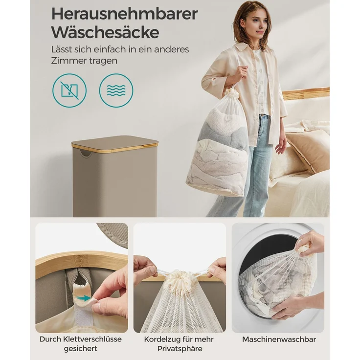 SONGMICS Wäschekorb mit Deckel und herausnehmbarem Wäschesack, zusammenklappbar, Bambus / Oxford-Gewebe kamelbraun, 90 l – Bild 2