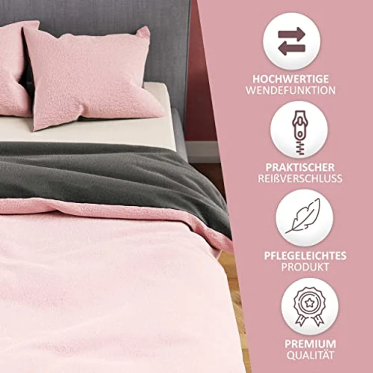 Moderne Plüschbettwäsche mit Reißverschluss - einfarbig, wendbar & warmhaltend Rosa 200x220cm + 2x 80x80cm Kissenbezug – Bild 3
