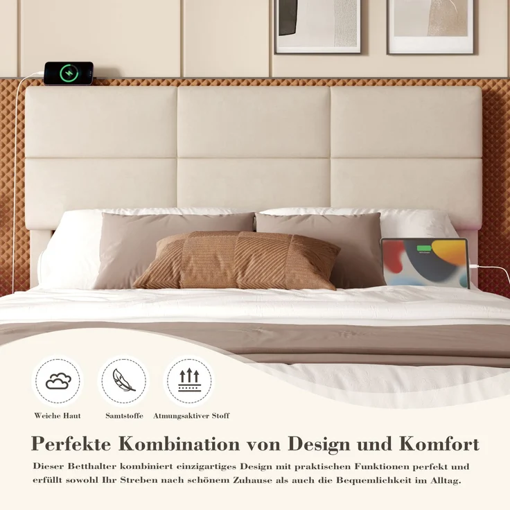 TavilaEcon Boxspringbett Modernes Polsterbett mit höhenverstellbarem Kopfteil & LED-Beleuchtung beige Liegefläche 180 × 200 cm – Bild 9