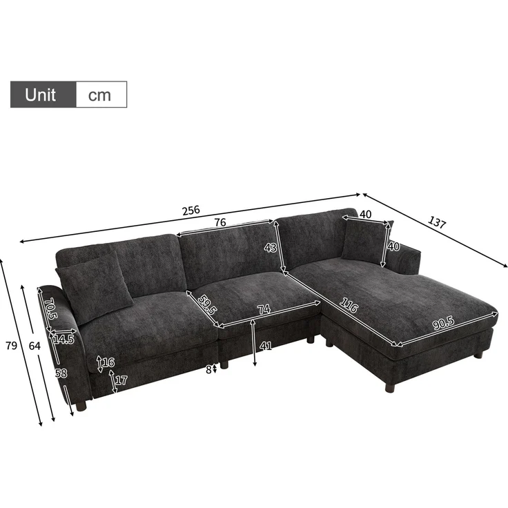 Ecksofa 256x137x79 cm in Grau mit umstellbarer Liegefläche und Chenillebezug – Bild 5