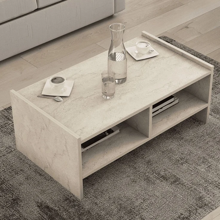 Calicosy Couchtisch mit 2 offenen Fächern, Travertin-Dekor L90 cm - PERA - Beige – Bild 5