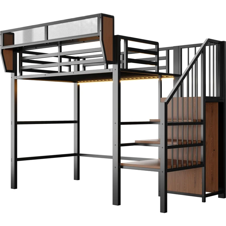 ZUBALIYA Hochbett 90 × 200 cm, Metall, LED-Beleuchtung, Leiter, Schwarz – Bild 18