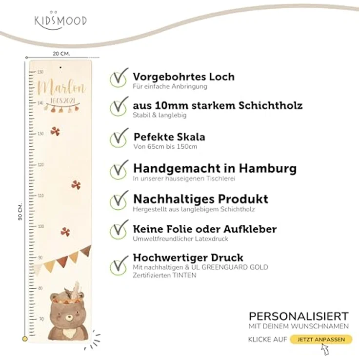 KIDSMOOD - Messlatte für Kinderzimmer Personalisiert, 70-140 cm - Messlatte Kinder Holz personalisiert Mit Namen für Baby- & Kleinkinderzimmer - Individuelles Geschenk für Kinder und Babys zum Geburt – Bild 9