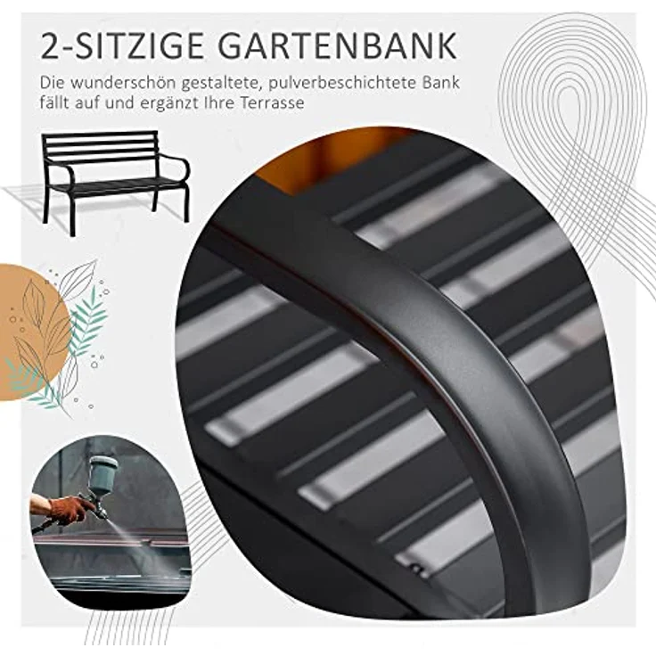 Outsunny Gartenbank Metall, schlichte Lattenoptik, wasserdurchlässig, schwarz, für 2 Personen – Bild 4