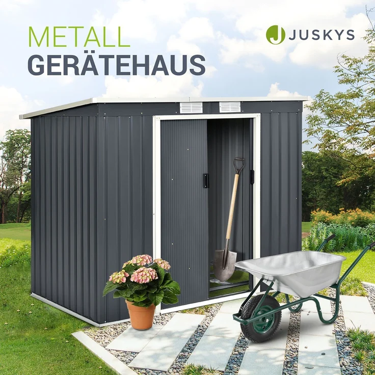 Juskys Metall Gerätehaus M mit Pultdach, Schiebetür & Fundament | 4m³ | 218×132×174 cm | anthrazit | Geräteschuppen Gartenhaus Garten Schuppen – Bild 2