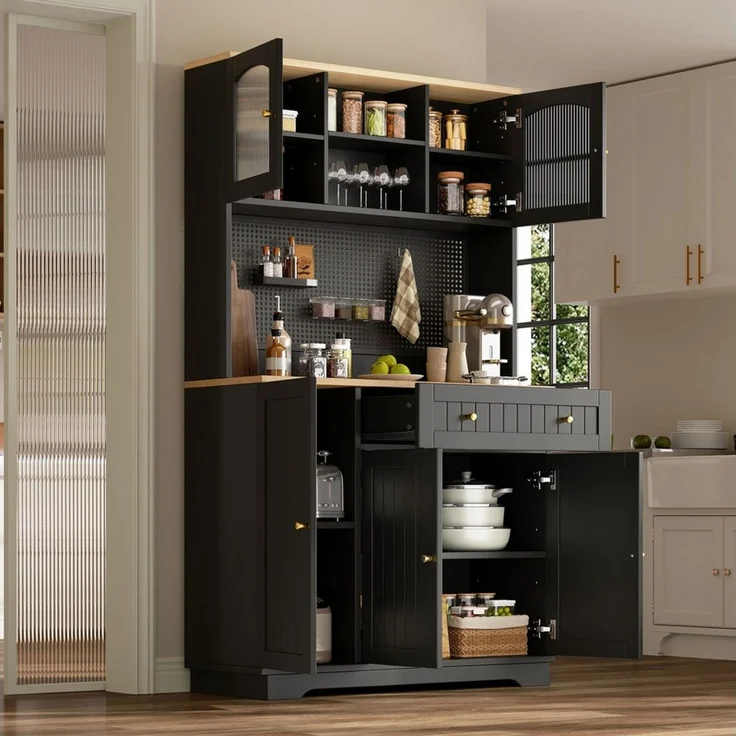 Merax Küchenbuffet Küchenschrank mit Vitrinentüren (1-St, Hochschrank Buffetschrank mit Schublade) mit verstellbaren Einlegeböden, Vorratsschrank mit Lochblech – Bild 4