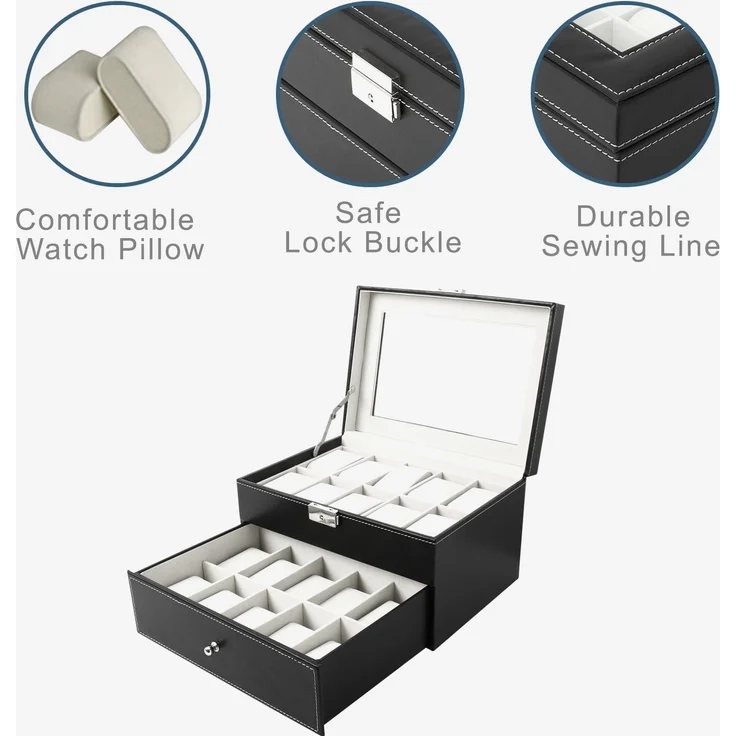 Todeco - Uhrbox, Uhr und Armband Aufbewahrung - Material der Box: MDF - Kissenmaterial: Samt - 20 Uhren mit Schublade und Display, Schwarz/Beige – Bild 5