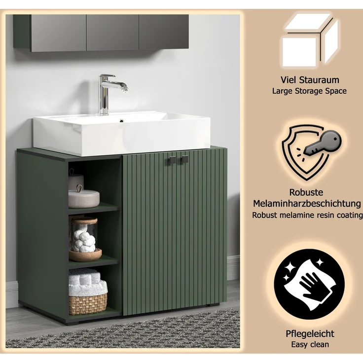 trendteam smart living - PureBliss - Waschbeckenunterschrank - Grün - Rillenoptik - 3 offene Fächer + 1 Einlegeboden - (BxHxT) 90 x 79 x 53 cm - edle Metallgriffe – Bild 13