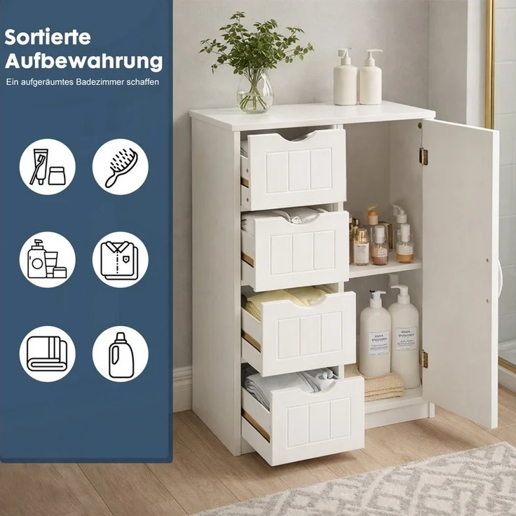 DUMOS Badkommode Badezimmerschrank Badschrank Beistellschrank, mit 4 Schubladen, Schranktür, verstellbare Ablage – Bild 2