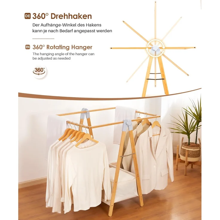 Yorbay Kleiderständer Bambus Garderobenständer mit Aufbewahrungskiste, Freistehender, (Kleiderständer mit Stoffsäcken, Faltbarer Garderobe), zum Aufbewahren von Kleidung 80 x 45 x 177 cm – Bild 3