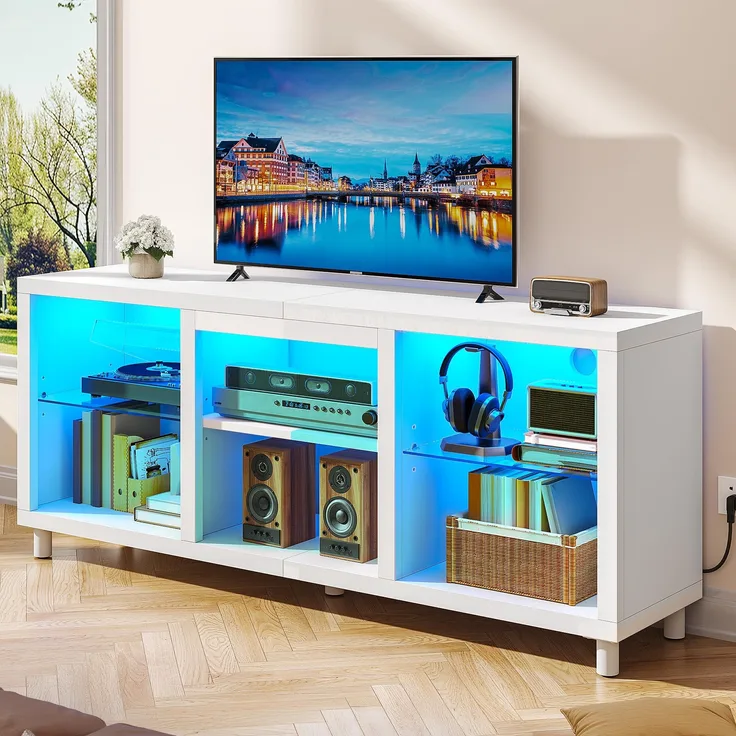 YITAHOME TV Schrank, Lowboard für 65 Zoll & kleinere TVs mit RGB LED-Beleuchtung, 148cm TV Board mit verstellbaren Glasböden, integriertes Kabelmanagement, Fernsehtisch für Wohnzimmer (Weiß)