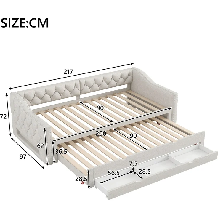 Gepolstertes Tagesbett 90x200 cm mit LED-Licht, Ausziehbett und 3 Schubladen, Beige – Bild 10