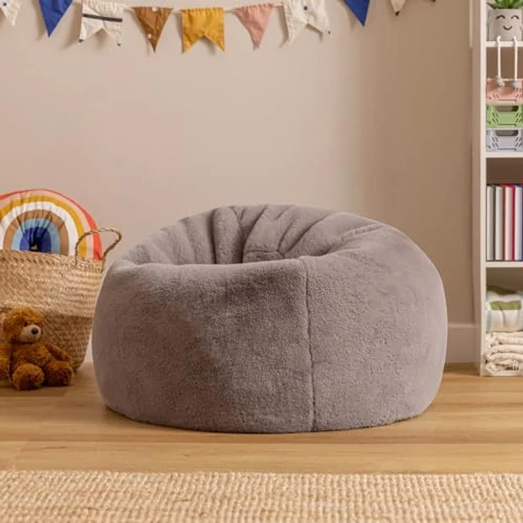 Icon Kingston Sitzsack Kinder, Hellgrau, Flauschiger Kunstpelzstoff, Sitzsack Flauschig mit Füllung, Bequemer Kinder Sessel, Kuschelsessel, Lese Sessel, Schlafzimmer, Kinderzimmer, Spielzimmer – Bild 5