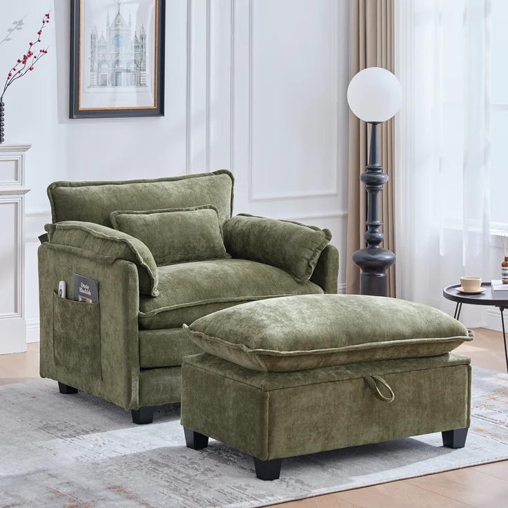 LVHOM Einzelsofa mit Ottomane, Chenille Chaiselongue Sessel mit Seitentasche, Relaxsessel Fernsehsessel Ohrensessel mit Hocker, Olive – Bild 9