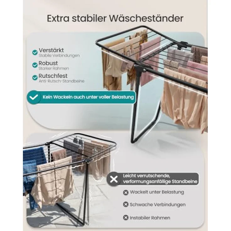 SONGMICS Wäscheständer, Standtrockner 47 x 150 x 91 cm, Flügelwäscheständer, Flügelwäschetrockner platzsparend, Metall, für Kleidung, Handtücher, tintenschwarz LLR520BH01 – Bild 4