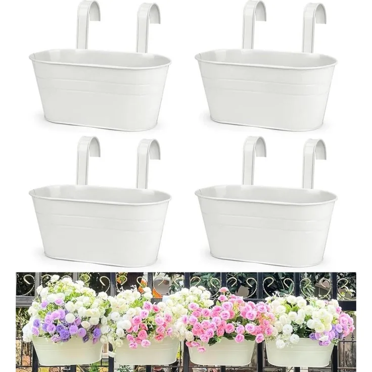 Metall Blumentopf 4er Set 27,5cm Hängender Eimer Weiß für Balkon Garten