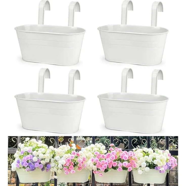 Metall Blumentopf 4er Set 27,5cm Hängender Eimer Weiß für Balkon Garten – Bild 1