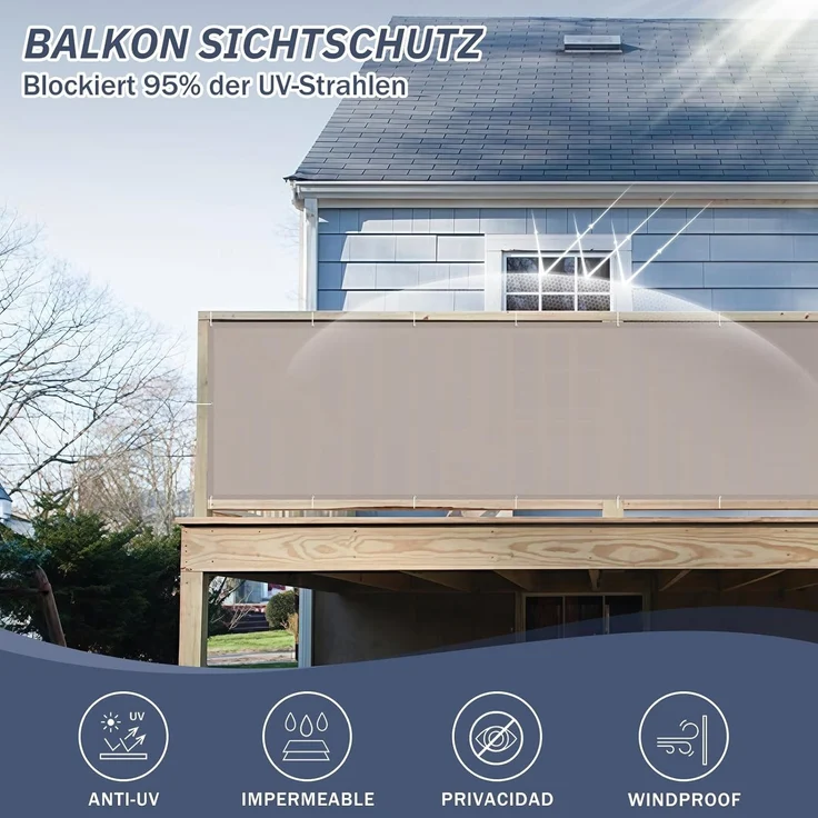 HENG FENG Balkon Sichtschutz 90x600 cm,160g/㎡ PES UV-Schutz Balkonverkleidung, Balkonabdeckung Wetterfest, mit Kabelbindern, Taupe – Bild 3