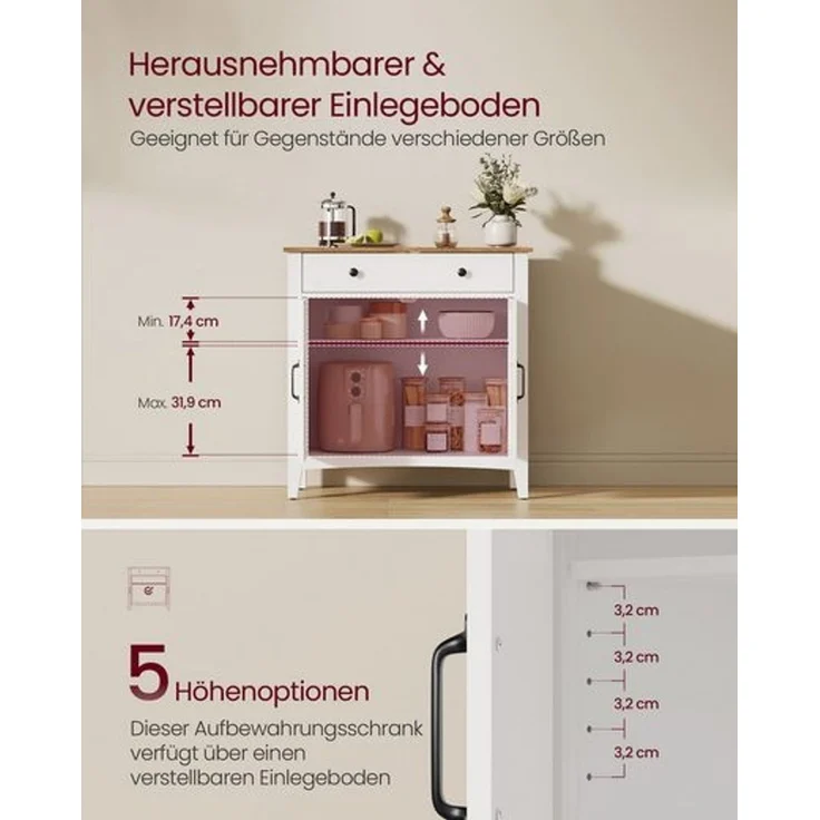VASAGLE Küchenschrank, Sideboard mit Schubladen, Aufbewahrungsschrank mit Türen, verstellbare Ablage, Landhausstil, für Wohnzimmer Küche, 40 x 80 x 80 cm, wolkenweiß-honigbraun BBKDE341W02 – Bild 3