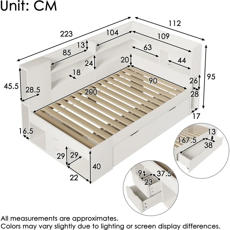 CHICFURN Bett aus Holzwerkstoff Weiß 90x200 cm mit LED-Beleuchtung und USB- und Type-C-Anschlüssen – Bild 10