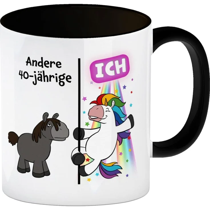 speecheese Tasse 40. Geburtstag Kaffeebecher Schwarz mit lustigem Spruch: Einhorn – Bild 1