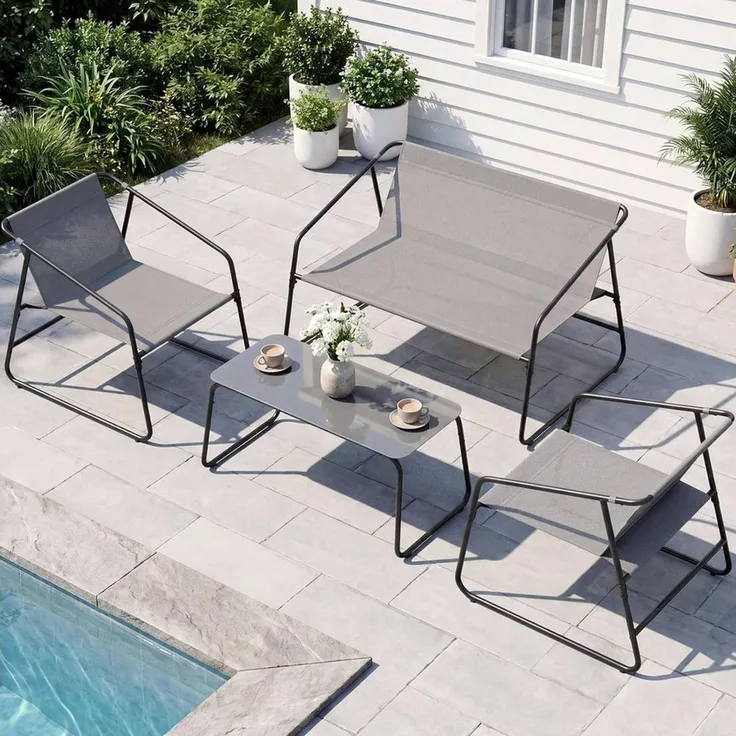 TLGREEN Gartenlounge-Set Gartenmöbel Set 4 Teilig, (Klapptisch und Stühle Set für 4 Personen, Textilene Balkonmöbel mit 2er Sofa, 2 Stühlen & Glastisch), Wetterfeste Outdoor Sitzgruppe für Terrasse Garten