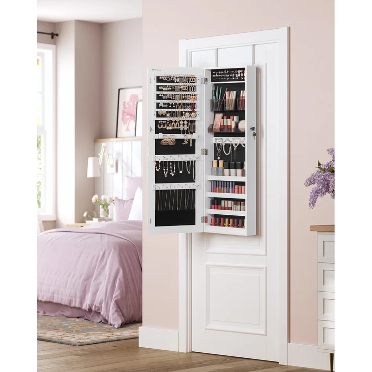 Schmuckschrank hängend, Hängeschrank mit rahmenlosem Ganzkörperspiegel, abschließbarer Spiegelschrank, Wandschrank mit 2 separaten Make-up Organizern, für Ketten, Ohrringe, weiß JJC001W01 – Bild 2