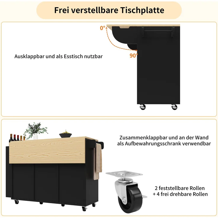 Kücheninsel 110 x 42 x 90 cm mit Schubladen, klappbarer Tischplatte & Schiebetüren – Multifunktionaler Küchenwagen – Bild 6