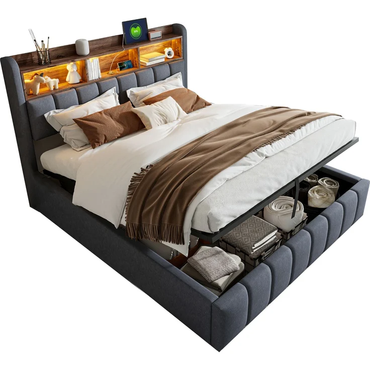 Polsterbett 180*200cm mit LED-Beleuchtung und USB-Steckdose, Kopfteil mit Einlegeböden und Stauraum, Mit Hydraulik für die Lagerung, Erwachsenenbett Doppelt, Leinenstoff Grau – Bild 10