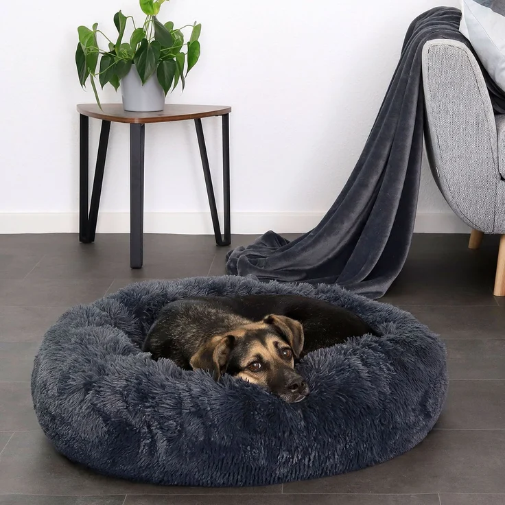 lionto Donut Hundebett, rundes Hundesofa mit Plüschbezug & Anti-Rutsch-Noppen, weich & gemütlich, 70 cm Durchmesser, dunkelgrau – Bild 2