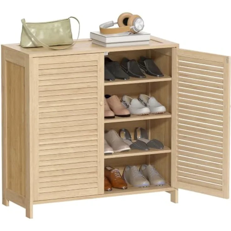 HOMCOM Schuhschrank Bambus, für ca. 14 Paar Schuhe, 3 verstellbare Einlegeböden, Lamellentüren, Natur