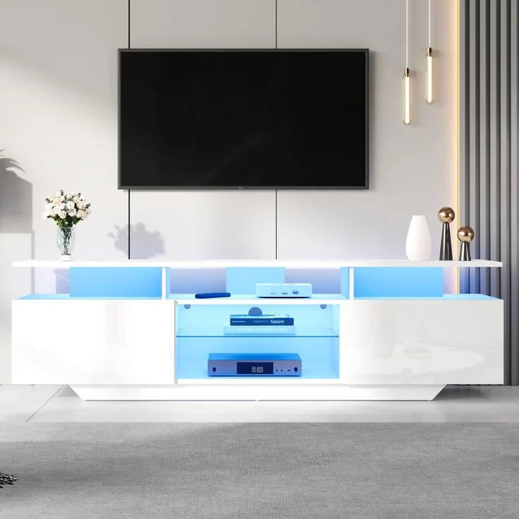 Merax 160cm Fernsehschrank,TV-Ständer mit 2 Schränken, Wohnzimmerschrank, Hochglanz-TV-Schrank mit LED-Lichtleiste, mit 8 Ablageflächen, 70-Zoll-Fernseher, Weiß – Bild 2