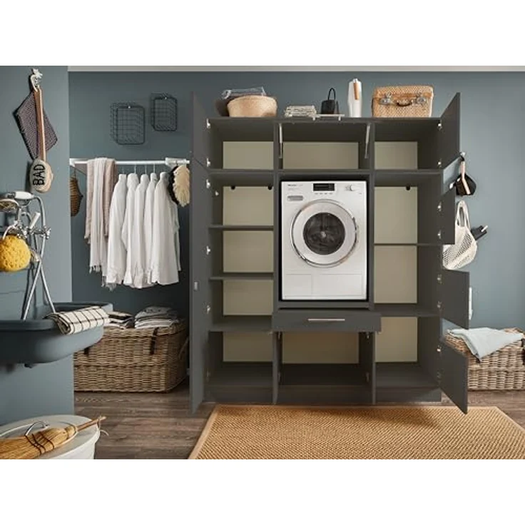 Laundreezy Waschmaschinenschrank und Mehrzweckschrank, Weiß-Waschmaschinen-Überbauschrank TÜV-Zertifiziert mit viel Stauraum, Holzwerkstoff, Anthrazit, Kombi 10 – Bild 5