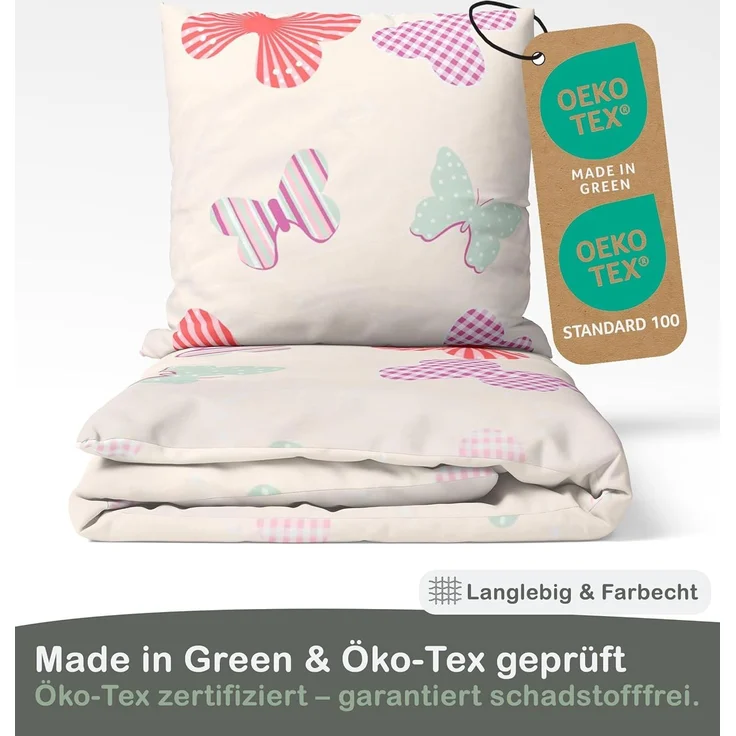 LINKHOFF Kinderbettwäsche Schmetterling Bettwäsche 135x200, 100% Baumwolle Mädchenbettwäsche Schmetterlinge Rosa Butter + Kissen – Bild 5